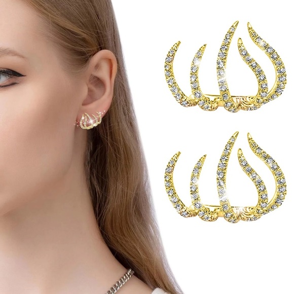 Gold 5 Prong Zircon Claw Earrings, Minimalist, Ear Climber, Ear Jacket - Picture 3 of 13